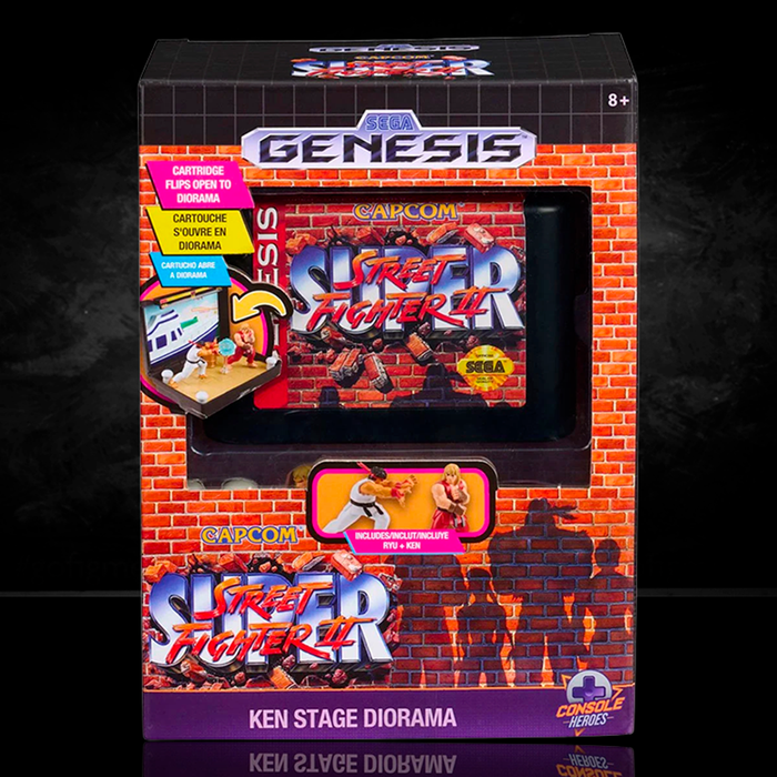 Console Heroes Sega Genesis Genesis Street Fighter II Cartridge Diorama Playset with Ken stage collectible display and figures.