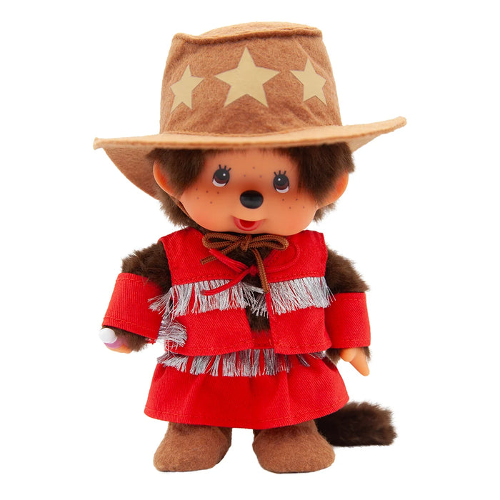 8" Monchhichi Cowgirl in Red Vest and Cowgirl Hat with Brown Eyes by Aliquantum International