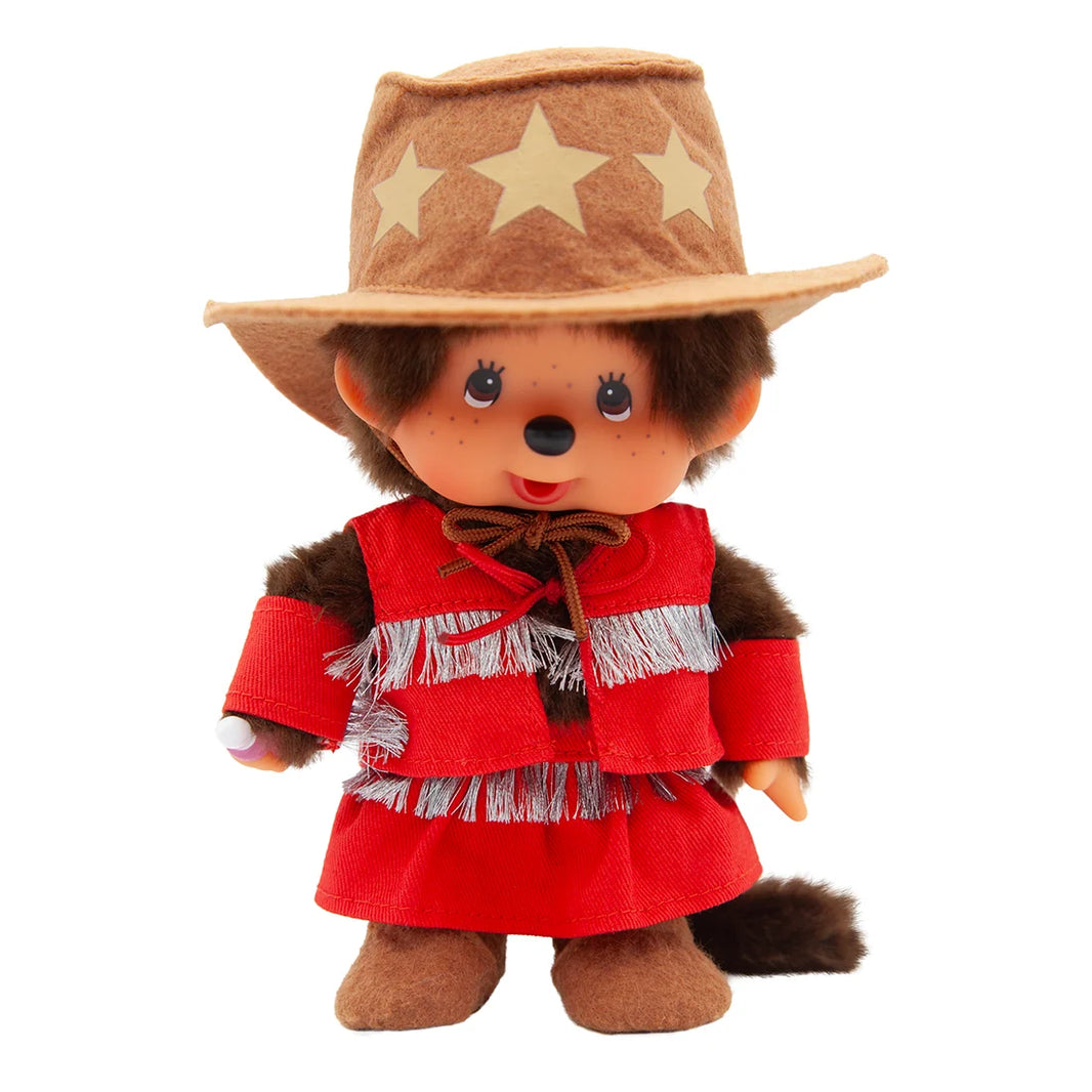 8" Monchhichi Cowgirl in Red Vest and Cowgirl Hat with Brown Eyes by Aliquantum International