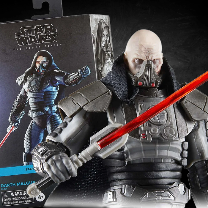 Star Wars Black Series Darth Malgus action figure wielding red lightsaber by Hasbro with removable mask and detailed armor.