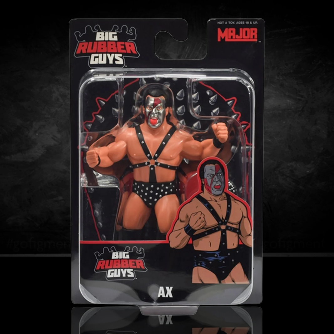 Demolition Ax Big Rubber Guy Retro Wrestling Action Figure by Major in spiked black harness and shorts in packaging
