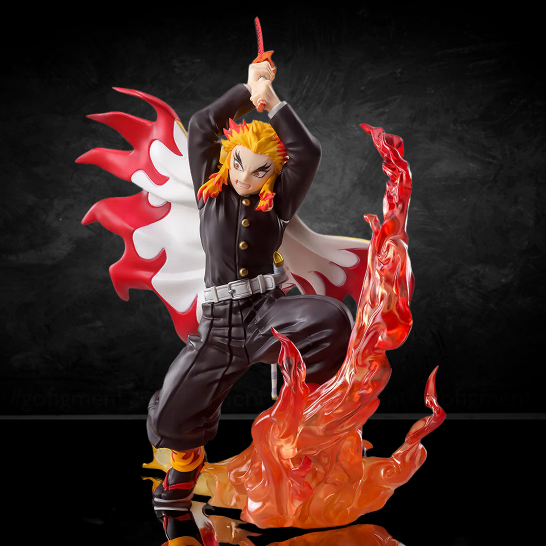 Sega XrossLink Anime Demon Slayer Kyojuro Rengoku Statue Premium Figure - Authentic by Banpresto with flame effects and dynamic pose