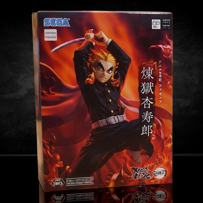 Sega XrossLink Anime Demon Slayer Kyojuro Rengoku Statue Premium Figure - Authentic by Banpresto in dynamic pose with flames background