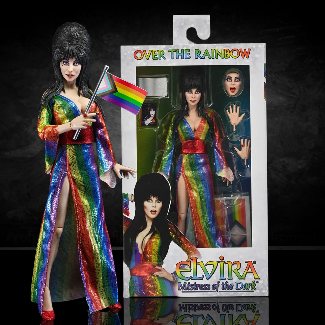 Elvira Over the Rainbow - Mistress of the Dark 8-Inch Clothed Action Figure by Neca in rainbow outfit holding pride flag new in box