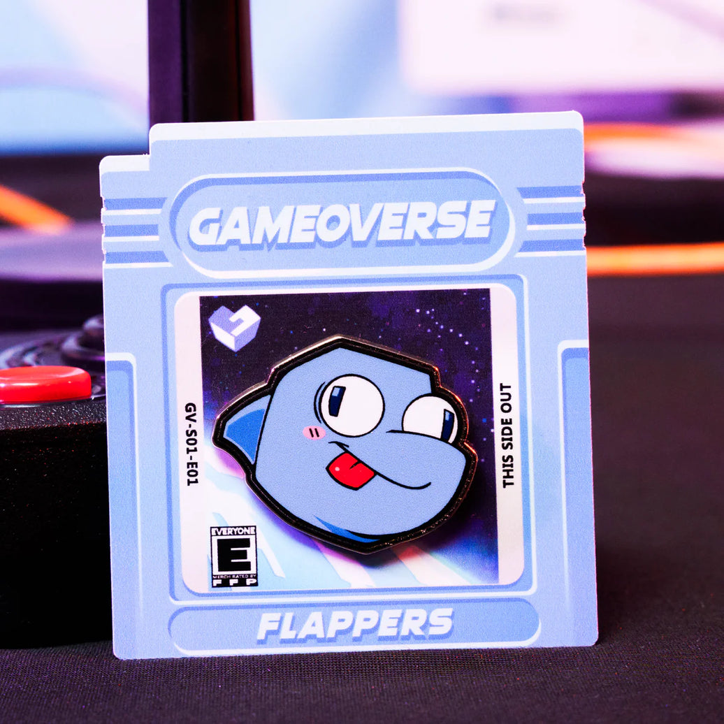 Flappers Pin – Gameoverse Glitch Productions Enamel Collectible new loose enamel pin on retro blue game cartridge card by Glitch