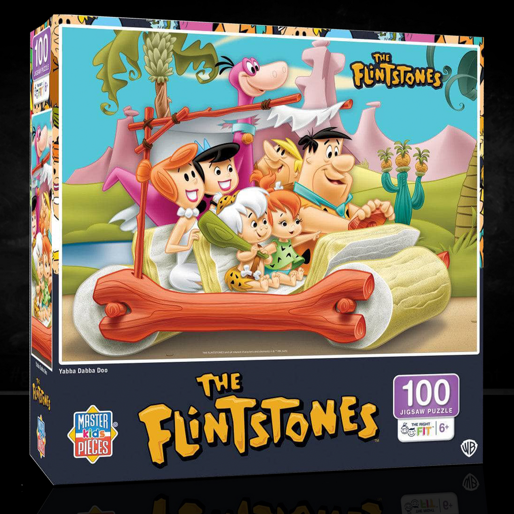The Flintstones 100 Piece Yabba Dabba Doo Jigsaw Puzzle Master Pieces featuring the classic cartoon family in their iconic car