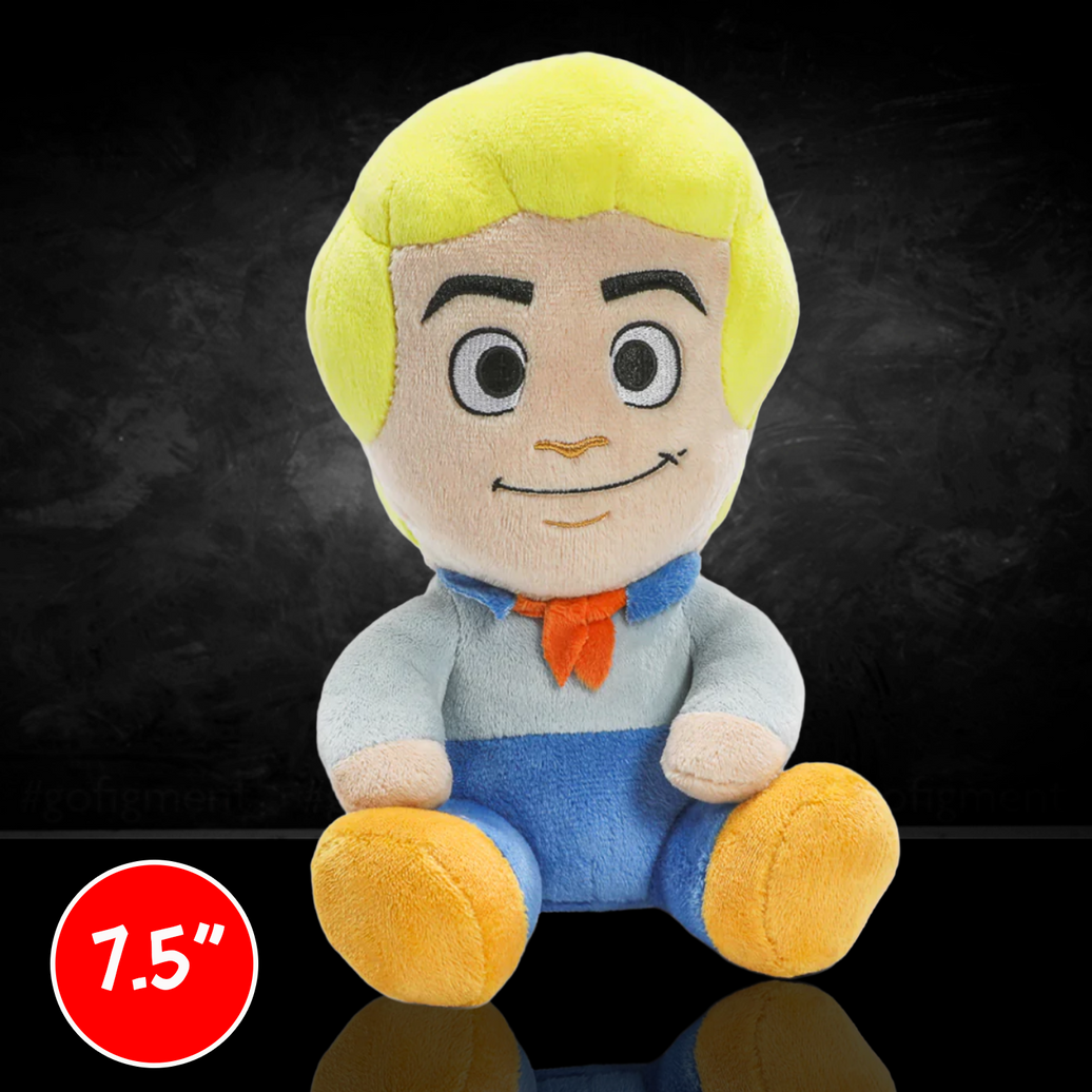Scooby-Doo Fred 8-Inch Phunny Plush by Kidrobot Collectible Plush Toy with bright yellow hair and classic outfit sitting pose