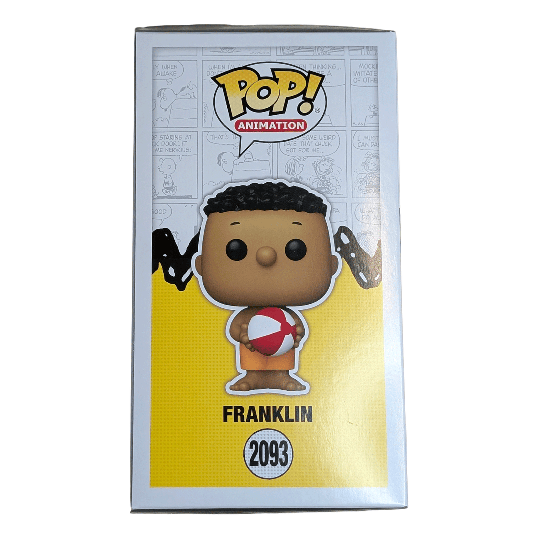 Funko Pop! Franklin figure #2093 holding a red and white beach ball in original packaging with comic strip background
