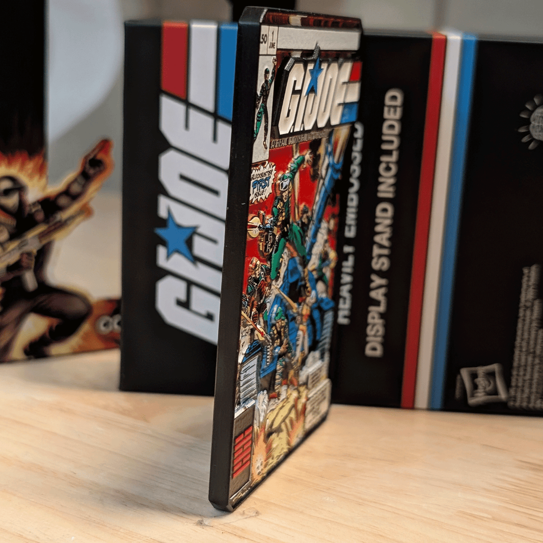 G.I. Joe: A Real American Hero 60th Anniversary limited edition metal ingot issue #1 by Fanattik with display box on wood surface