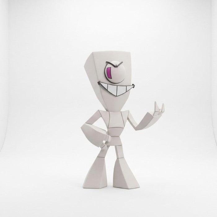 A stylized, low-poly white cartoon figure with a single visible purple eye and black facial features, standing against a clean white studio backdrop.