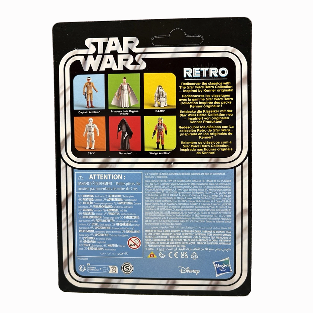 Garindan Star Wars Retro Collection Action Figure by Hasbro with Blaster & Cloak 3.75 in back packaging