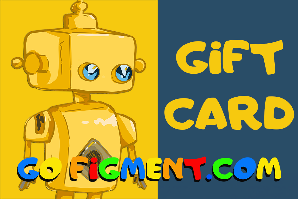 Yellow robot illustration next to colorful text reading Gift Card Go Figment com on divided yellow and navy background