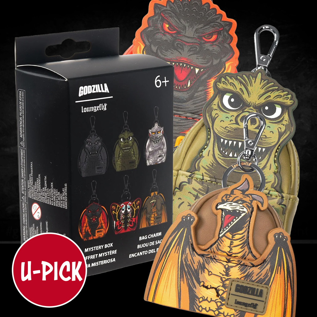 Mini-Loungefly Godzilla Entertainment Earth Exclusive Cosplay U-PICK Bag Charms featuring collectible Godzilla designs new in box by Loungefly