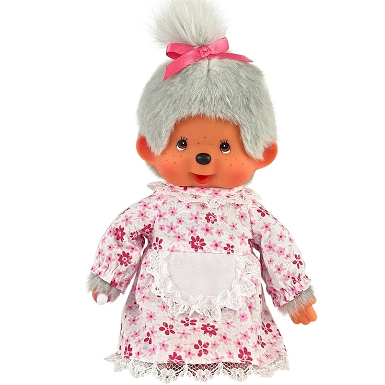 8" Large Monchhichi Doll - Girl Grand Ma - Authentic Monkey Plush, NWT by Sekiguchi wearing floral dress with lace apron