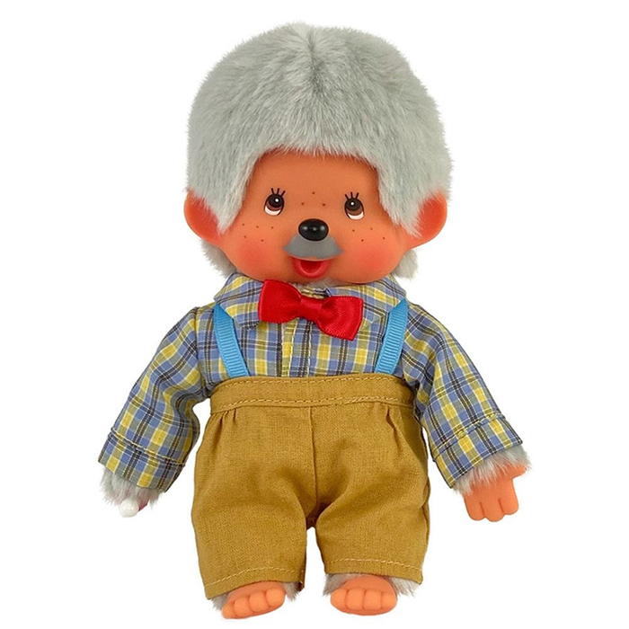 8" Large Monchhichi Doll - Boy Grandpa - Authentic Monkey Plush, NWT by Sekiguchi wearing plaid shirt and bow tie