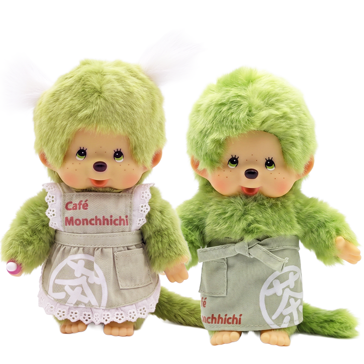 Monchhichi Green Tea Boy and Girl Plush Toy Set in Green Aprons 8 Inch Sold as Set by Sekiguchi