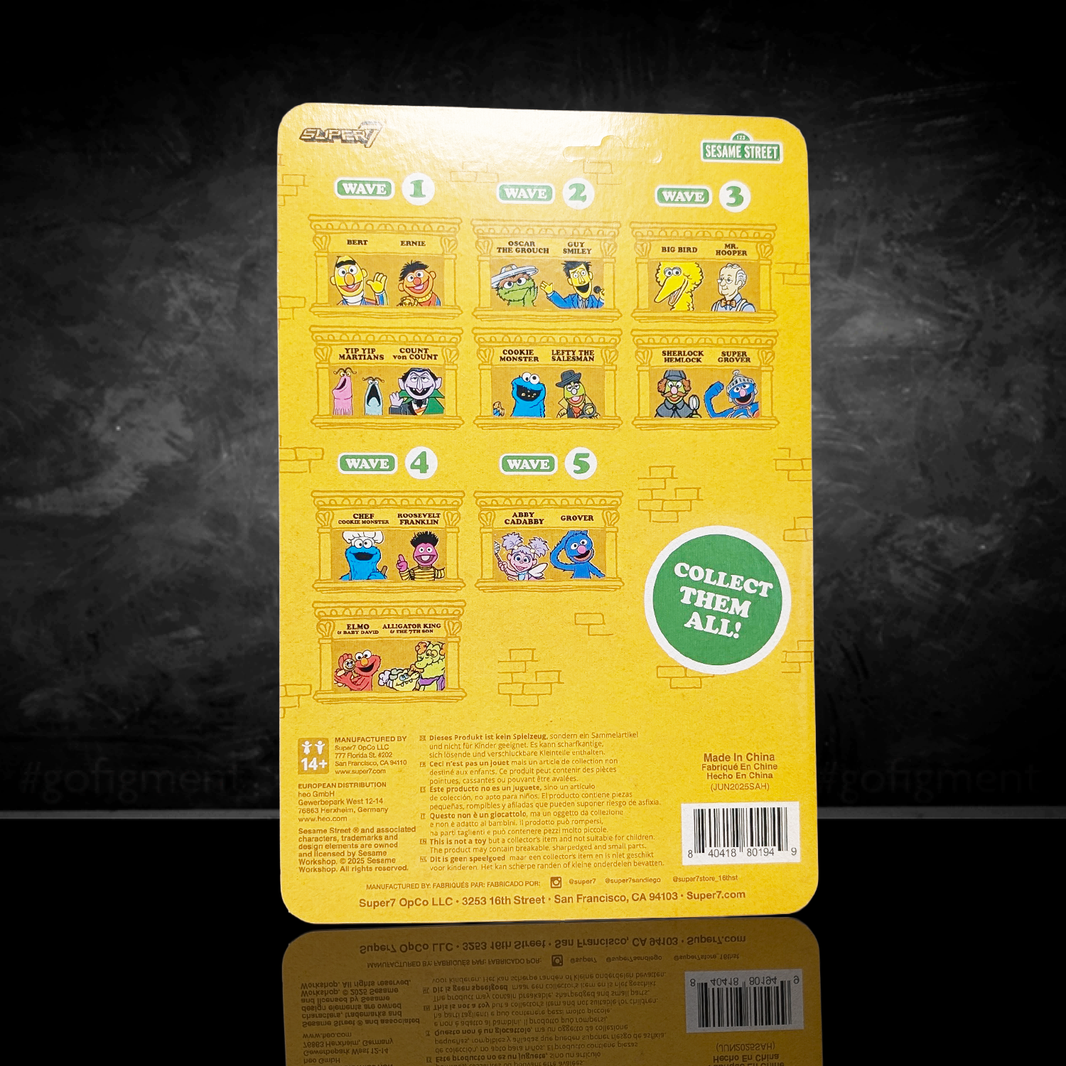 Back card for Sesame Street ReAction Figures Wave 5 with character lineup and Super7 branding, new in box packaging
