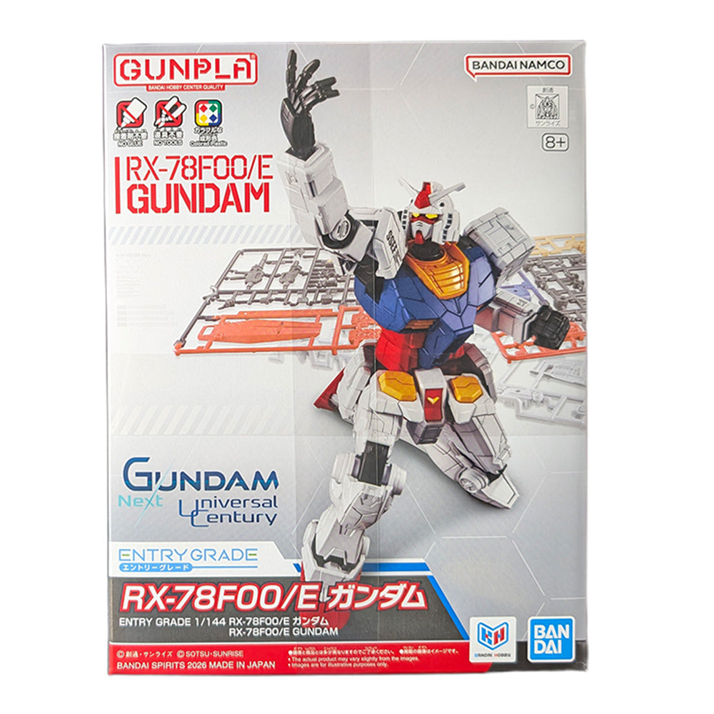 Gundam: Next Universal Century RX-78F00/E Gundam Entry Grade 1:144 Scale Model Kit by Gundam displayed on box packaging.