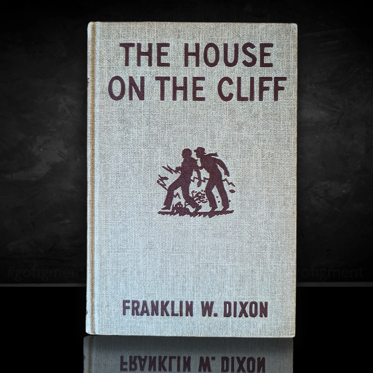 Vintage 1959 edition of The House on the Cliff by Franklin W. Dixon with brown tweed cover and silhouette design.