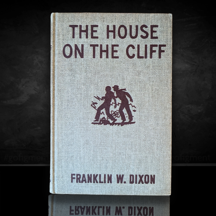 Vintage 1959 edition of The House on the Cliff by Franklin W. Dixon with brown tweed cover and silhouette design.