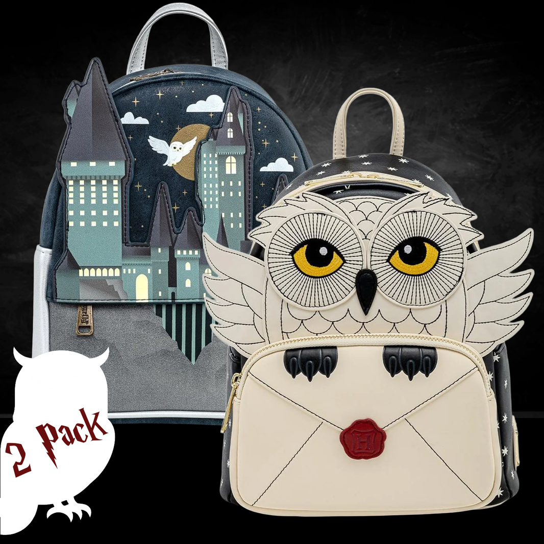 Harry Potter Loungefly Mini-Backpack – 2 Pack Hogwarts castle with night sky and cream Hedwig owl letter design by Loungefly