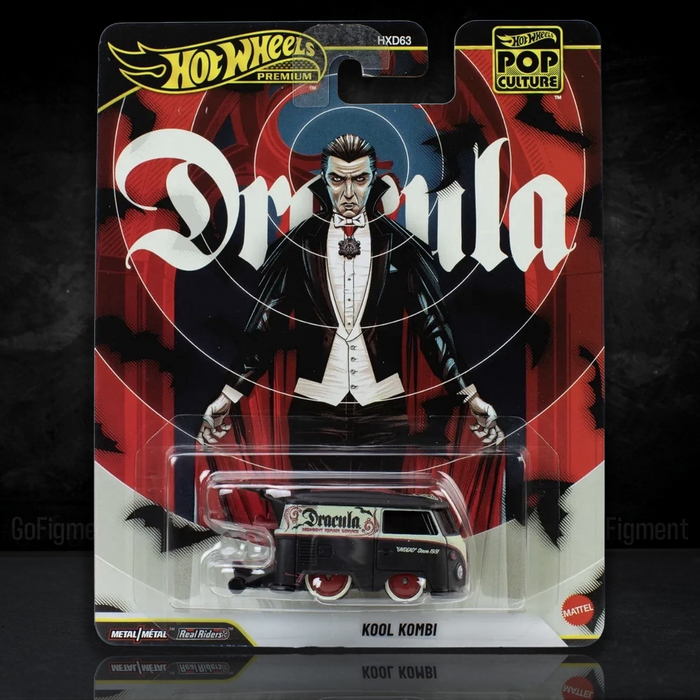 Dracula Kool Kombi 1:64 Scale Hot Wheels Premium Pop Culture Diecast Car by Mattel in black with red wheels and Dracula design