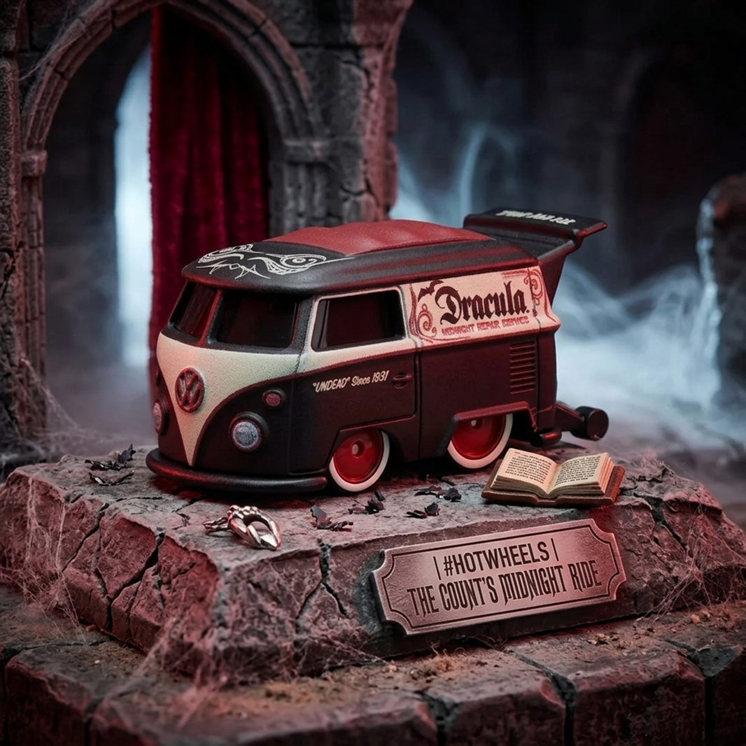 Dracula Kool Kombi 1:64 Scale Hot Wheels Premium Pop Culture Diecast Car by Mattel in black and red vampire-themed design