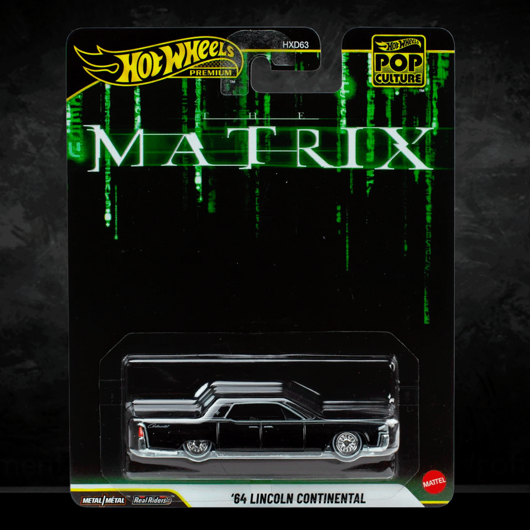 Mattel Hot Wheels Premium '64 Lincoln Continental die-cast car in The Matrix Pop Culture 2026 packaging front view