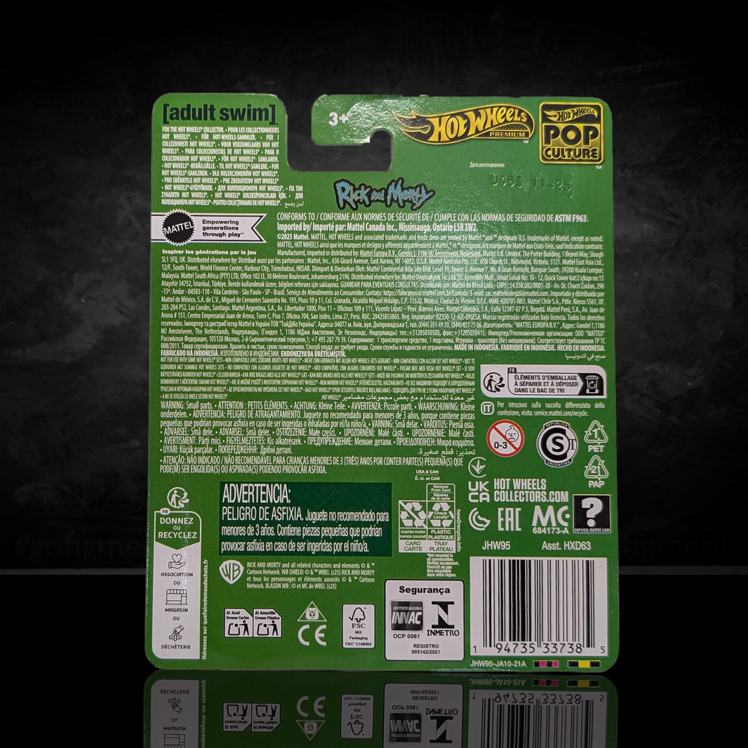 Rick and Morty adult swim Rick's Ship Hot Wheels Premium Pop Culture Diecast Car packaging back by Mattel with product details.