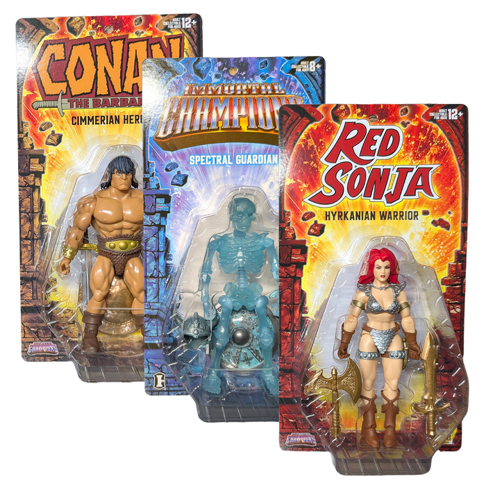Carded fantasy action figures featuring Conan, a spectral guardian, and Red Sonja