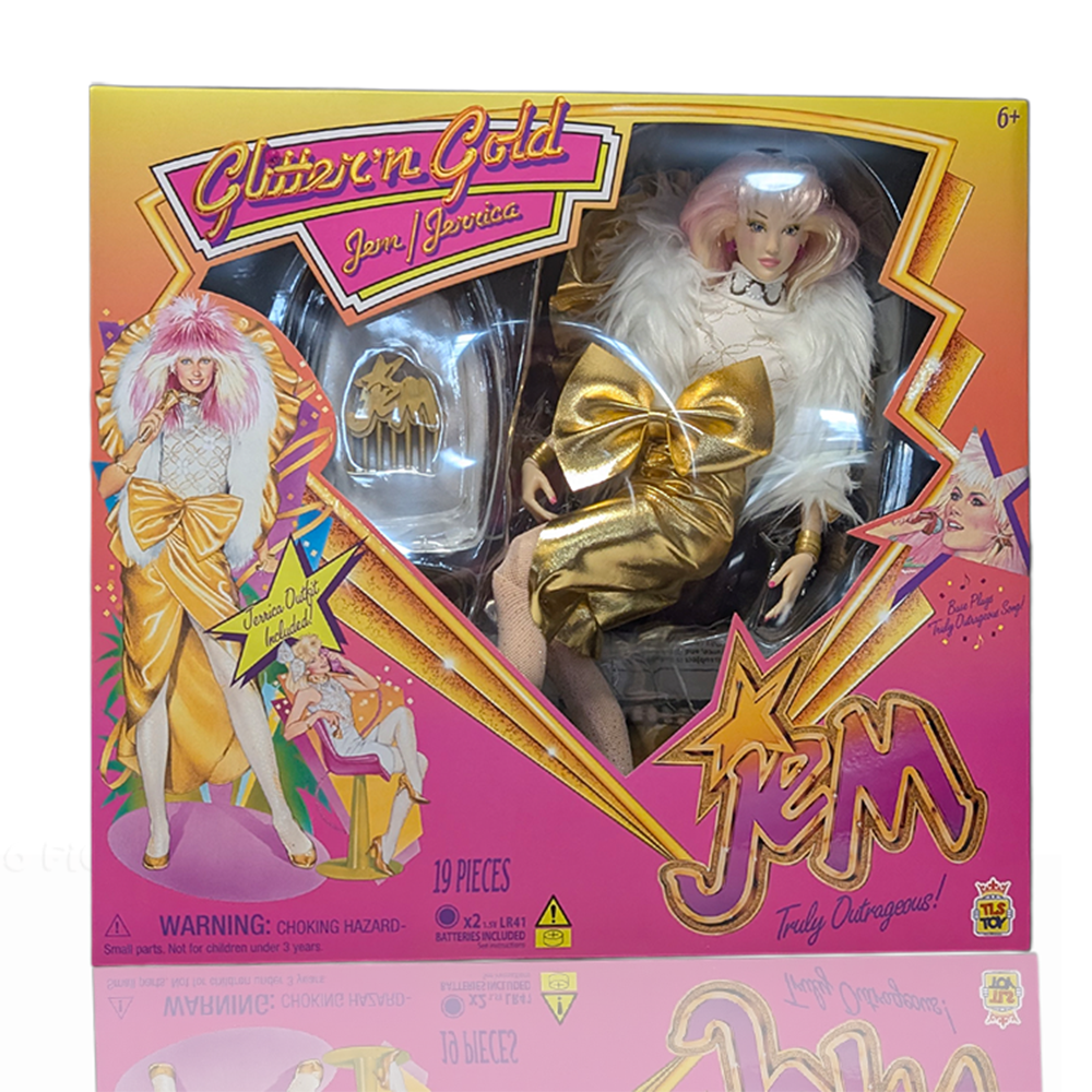 Jem and the Holograms Glitter and Gold Jem Jerrica 12-Inch Fashion Doll The Loyal Subjects 2025 in gold outfit with pink hair