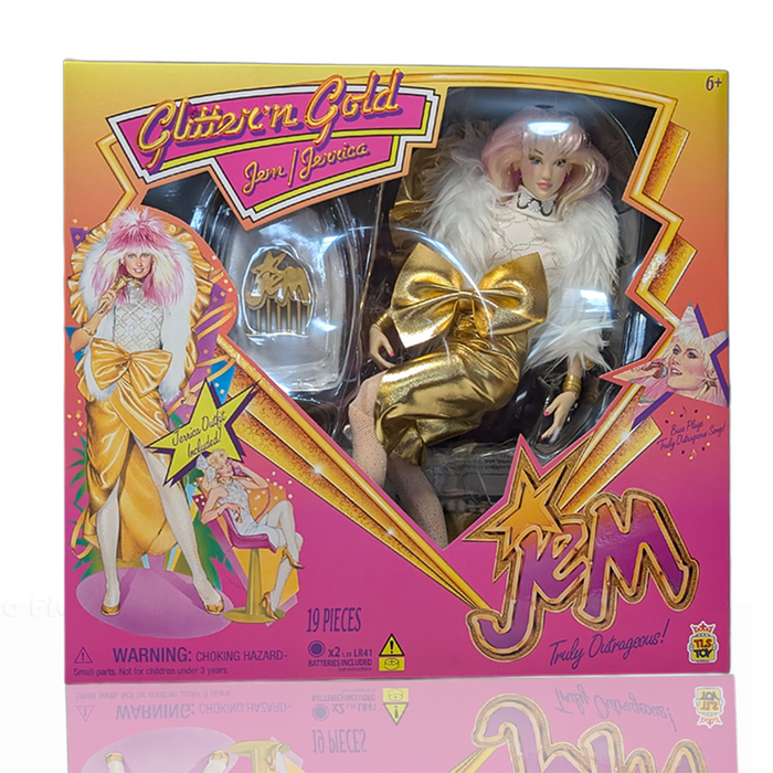 Jem and the Holograms Glitter and Gold Jem Jerrica 12-Inch Fashion Doll The Loyal Subjects 2025 in gold outfit with pink hair