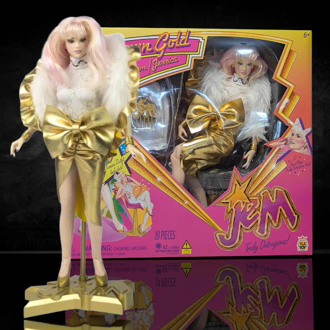 Jem and the Holograms Glitter and Gold Jem Jerrica 12-Inch Fashion Doll The Loyal Subjects 2025 in gold outfit with white fur collar