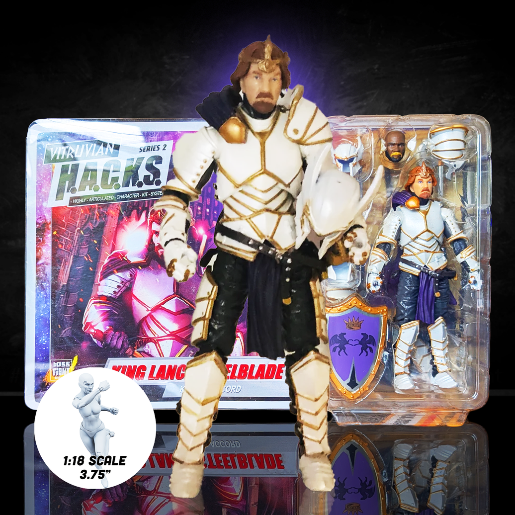 Lance Steelblade (King of Accord) -Vitruvian H.A.C.K.S. 1:18 Scale Action Figure by Boss Fight Studio Llc with armor and accessories in display packaging.