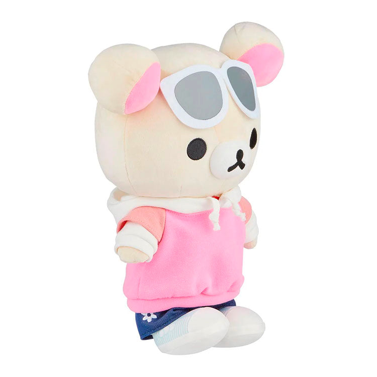 San-X Korilakkuma plush in pink hoodie, jeans, and white sunglasses, part of original streetwear series collection.
