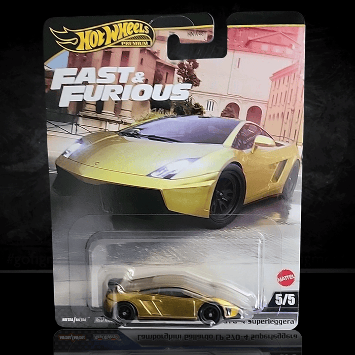 Mattel Hot Wheels Premium Fast and Furious Lamborghini Gallardo LP570-4 Superleggera diecast car in yellow packaging front view