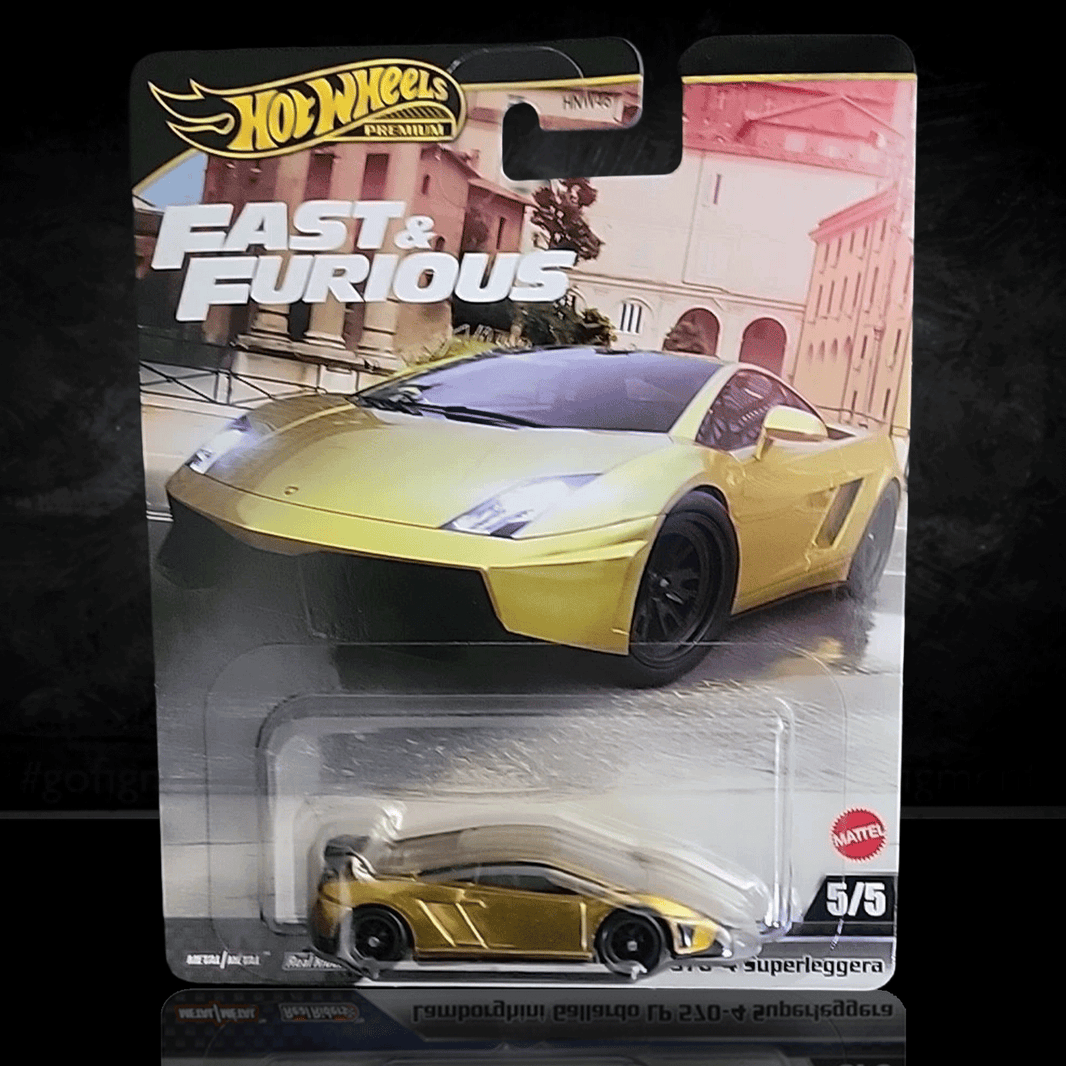 Mattel Hot Wheels Premium Fast and Furious Lamborghini Gallardo LP570-4 Superleggera diecast car in yellow packaging front view