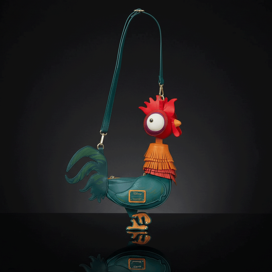 Loungefly Moana HeiHei rooster figural crossbody bag in faux leather with colorful layered design and adjustable strap