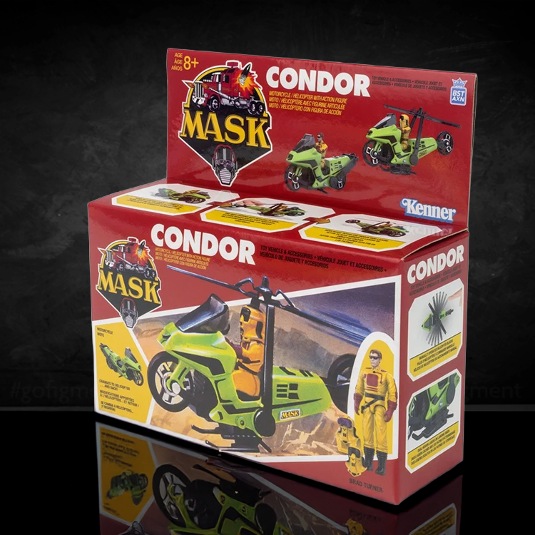 Loyal Subjects M.A.S.K. Condor playset with transforming green motorcycle and Brad Turner figure in retro packaging