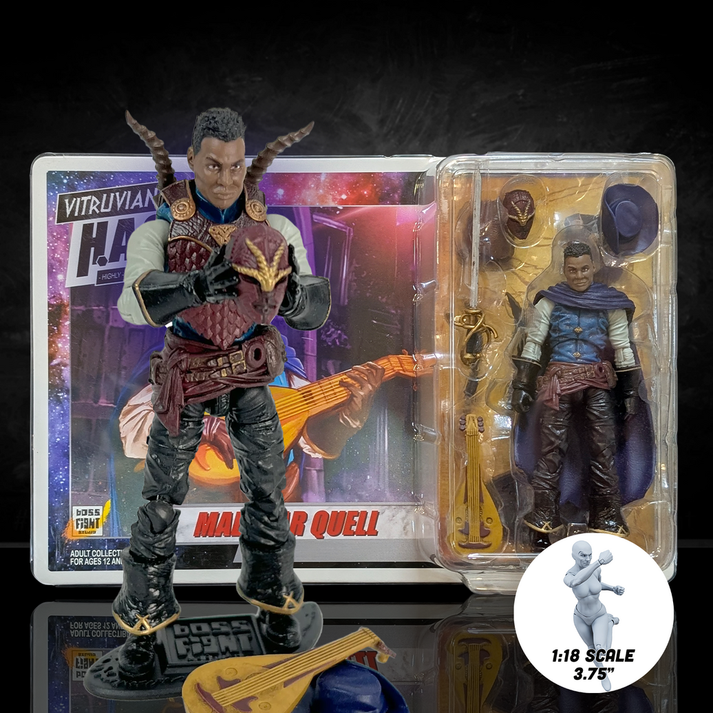 Malavar Quell the Bard -Vitruvian H.A.C.K.S. 1:18 Scale Action Figure by Boss Fight Studio Llc with lute and removable helmet