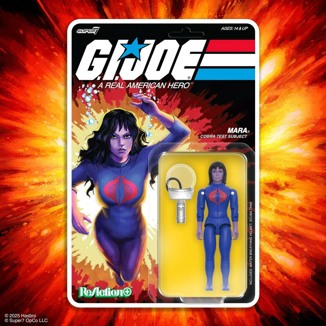 Super7 Mara Cobra Test Subject figure in blue suit with breathing apparatus in blister card with fiery background