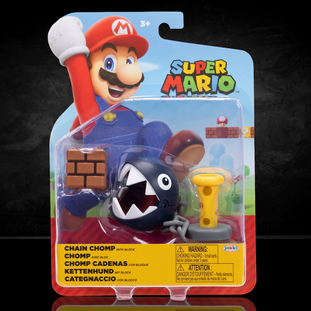 Super Mario 4-inch Chain Chomp with Block Action Figure - Wave 48 (2025) by Jakks Pacific in original packaging