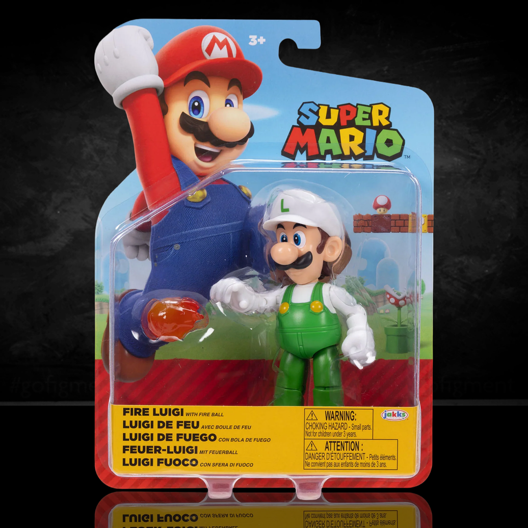 Super Mario 4-inch Fire Luigi with Fireball Action Figure - Wave 48 (2025) by Jakks Pacific in packaging