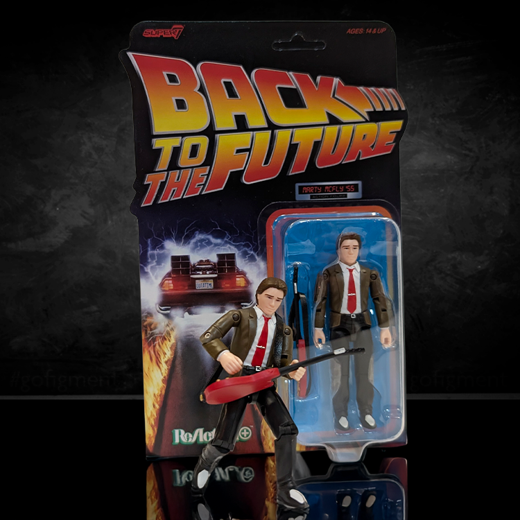 Super7 Back To The Future Marty McFly 1955 3 3/4-inch ReAction+ figure with guitar and spare figure in packaging