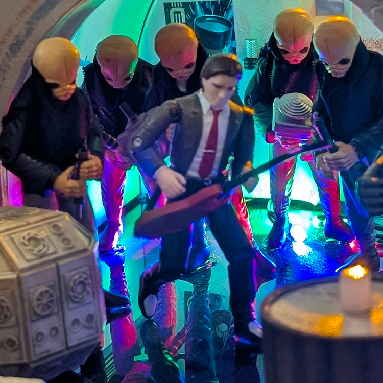 Super7 Back To The Future 3 3/4-inch ReAction+ figure set with Marty McFly and alien characters in detailed scene