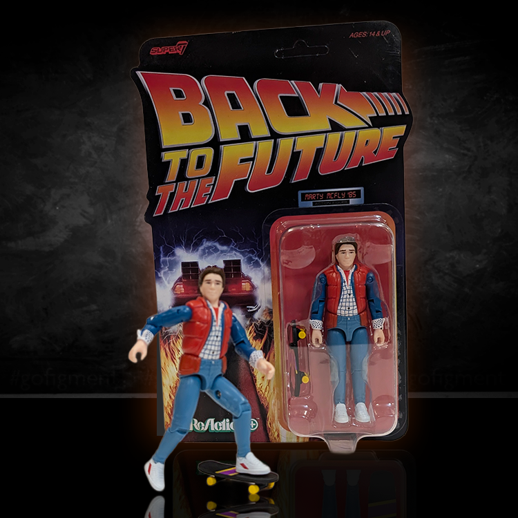 Super7 Back To The Future Marty McFly 1955 ReAction+ figure with skateboard and original packaging display