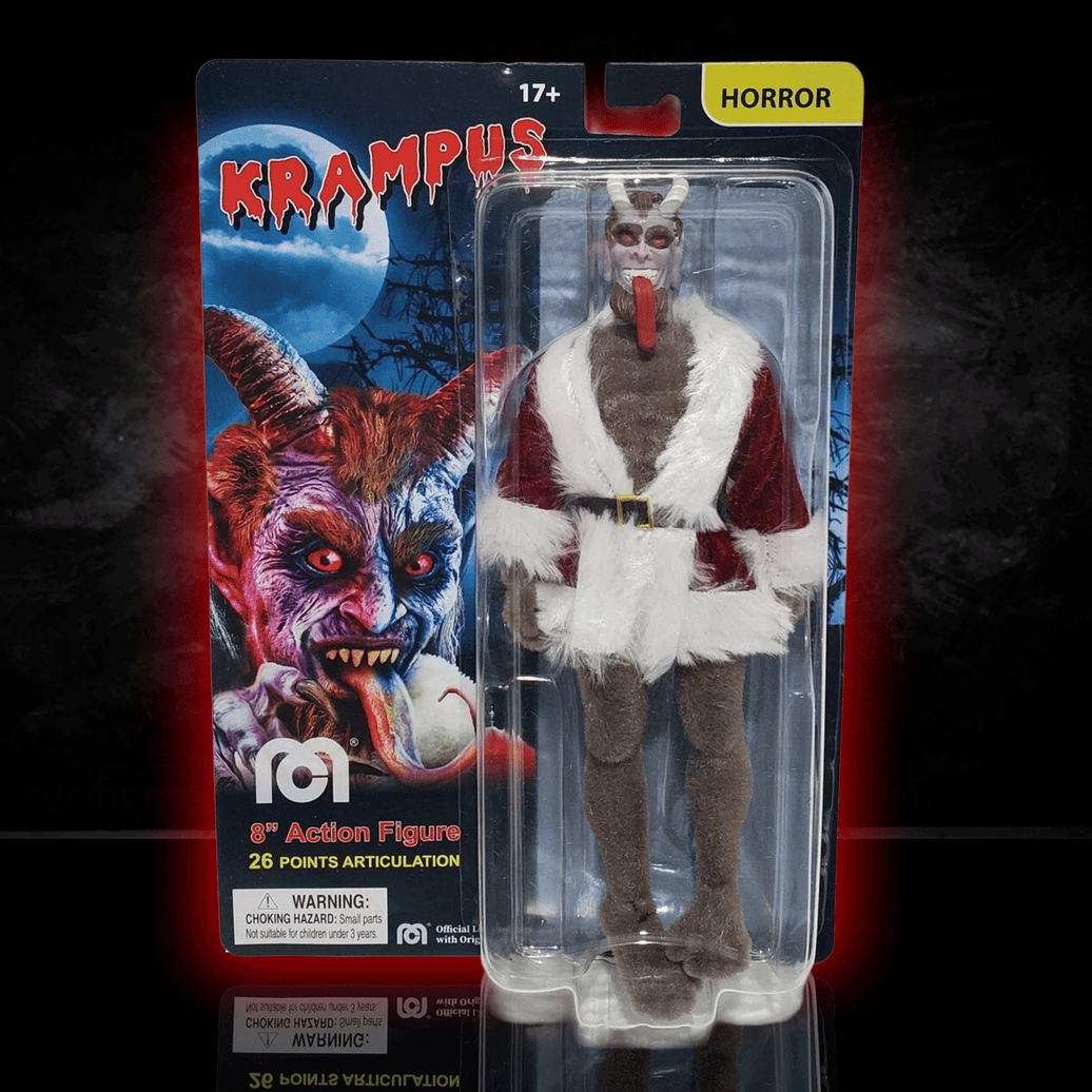 Mego 8-inch Krampus figure in Santa outfit with detailed face and 26 points of articulation in horror-themed packaging