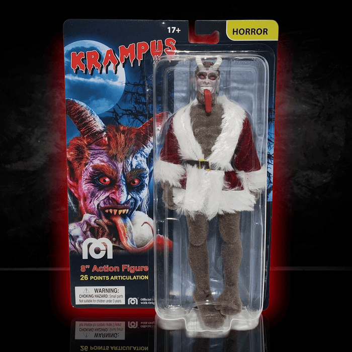 Mego 8-inch Krampus figure in Santa outfit with detailed face and 26 points of articulation in horror-themed packaging