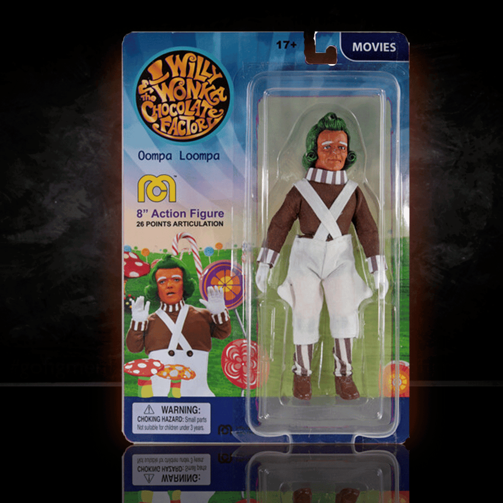 Mego 8-inch Oompa Loompa figure from Willy Wonka with detailed costume and 26 points of articulation in branded packaging