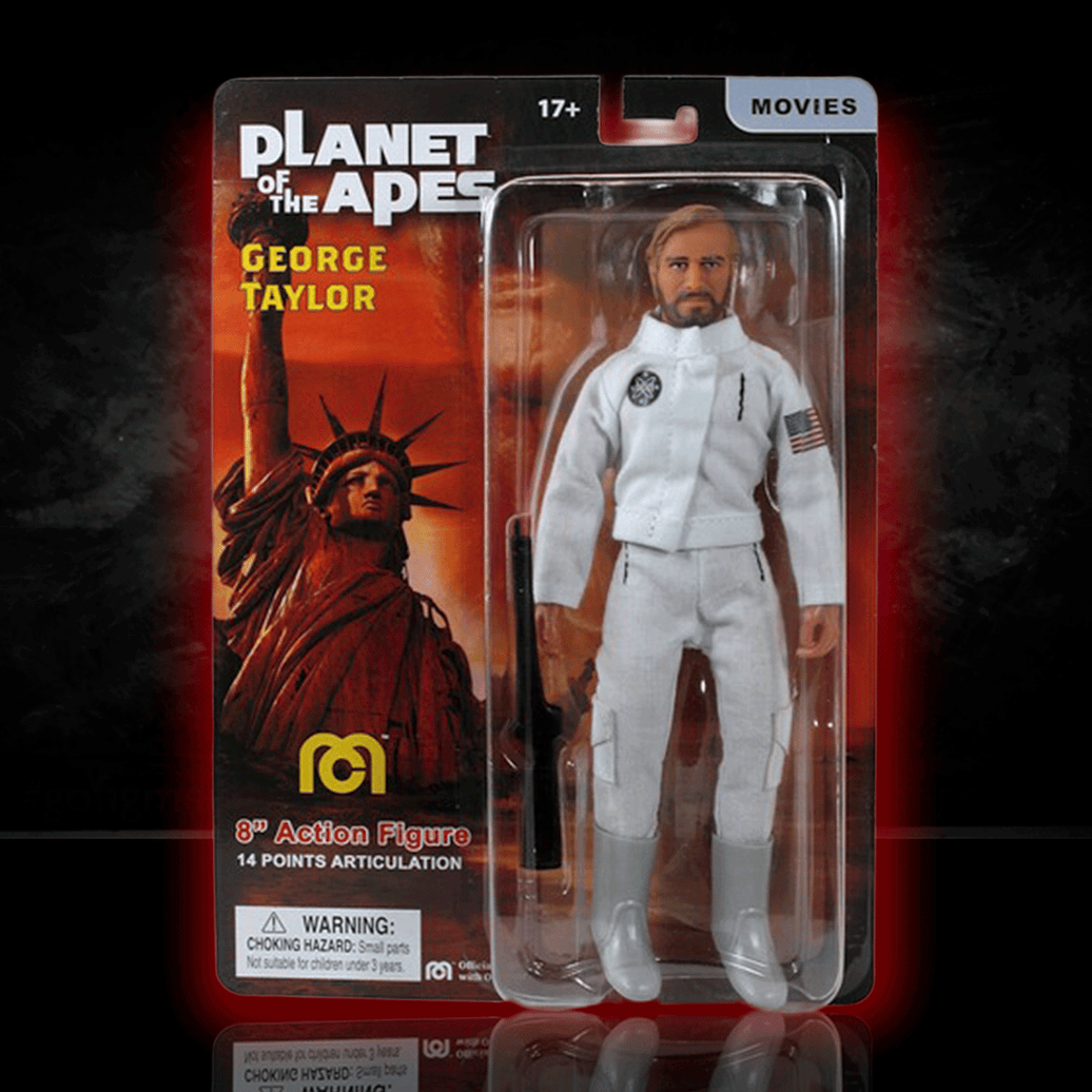 Mego 8-inch George Taylor action figure from Planet of the Apes in white astronaut suit with detailed packaging